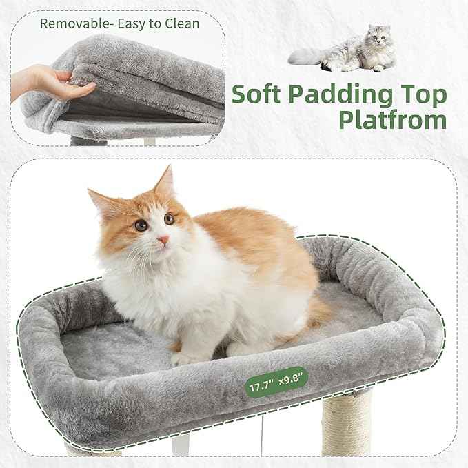 Cat Tree for Indoor Cats, 55.1 inch Cat Tower with 7 Sisal Scratching Posts, Multi-level Cat Condo wit Large Play Platform Furry Ball, Cat Cave, 2 Padded Perches, Basket, Light Gray GCT013W