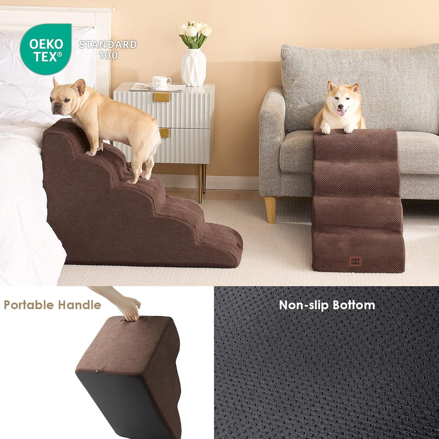 EHEYCIGA Curved Dog Stairs Ramp for High Beds 19.7" H, 4-Step Dog Steps for Small Dogs and Cats, Pet Stairs for High Bed Climbing, Non-Slip Balanced Pet Step Indoor, Brown - Pet Explorer