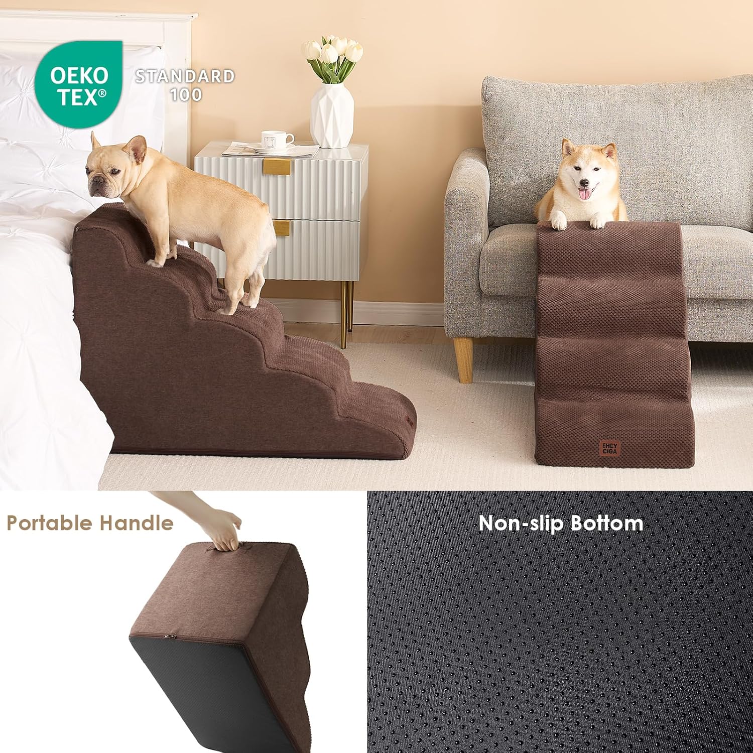 EHEYCIGA Curved Dog Stairs Ramp for High Beds 19.7" H, 4-Step Dog Steps for Small Dogs and Cats, Pet Stairs for High Bed Climbing, Non-Slip Balanced Pet Step Indoor, Brown - Pet Explorer
