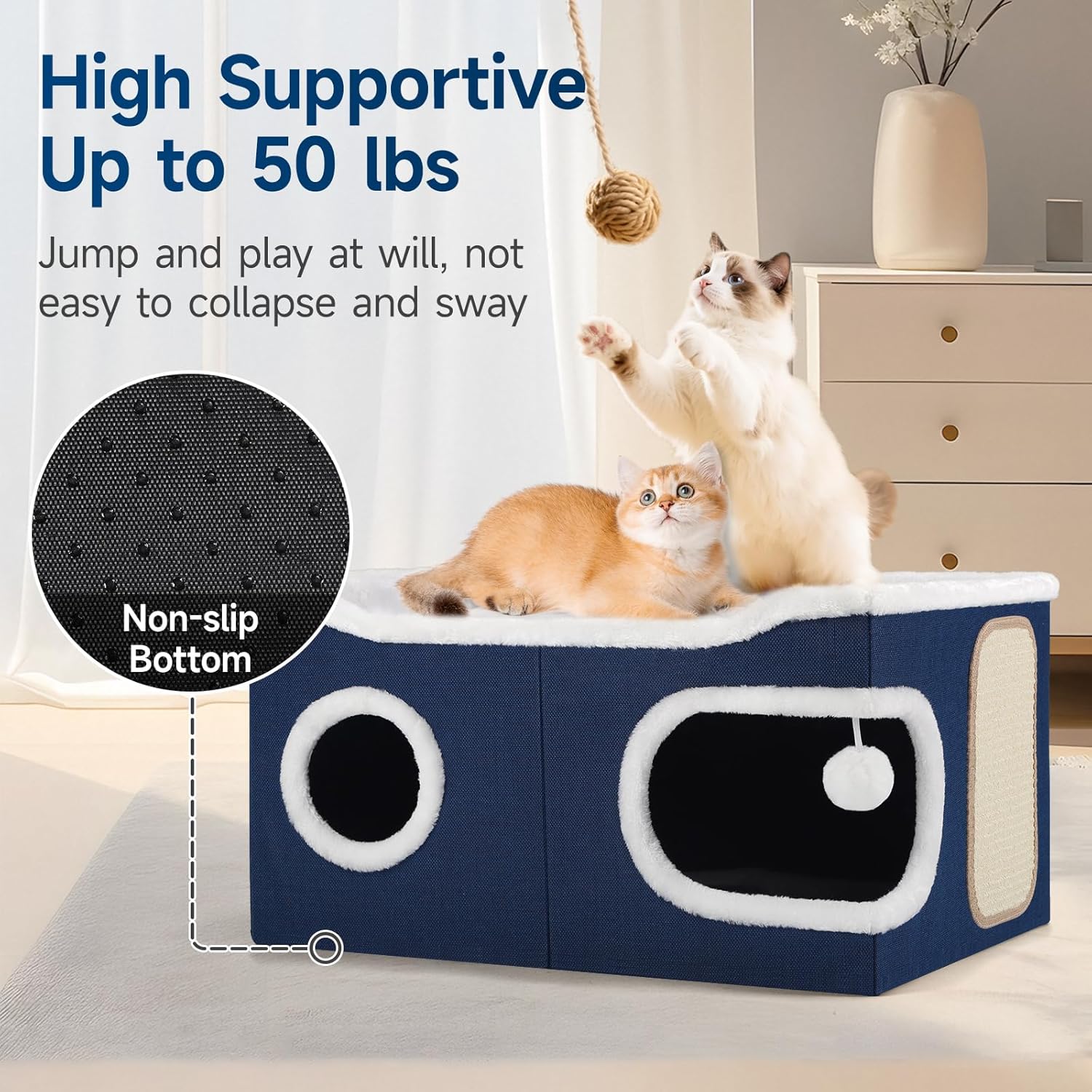 Cat Beds for Indoor Cats, Extra Wide Cat Cube House for Multi Cats, Foldable Cat Cave Hideaway with Arc-Edge Design & Oval Door, Double-Side Soft Cushion for All Seasons, 24"L x 17.7"D x 12.6"H, Blue - Pet Explorer