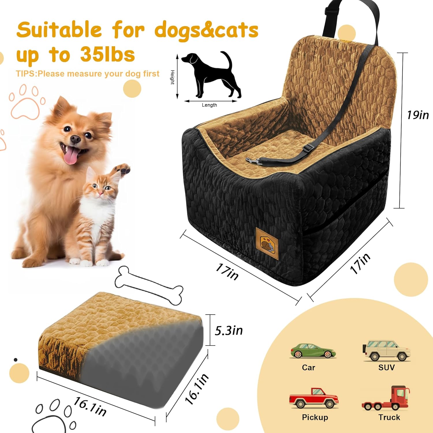 Dog Car Seat for Small/Medium Dogs, Memory Foam Dog Booster Seat, Travel Safety Per Car Seat with Washable Removable Cover, Storage Pockets for Dogs up to 35 lbs(BlackBrown) - Pet Explorer