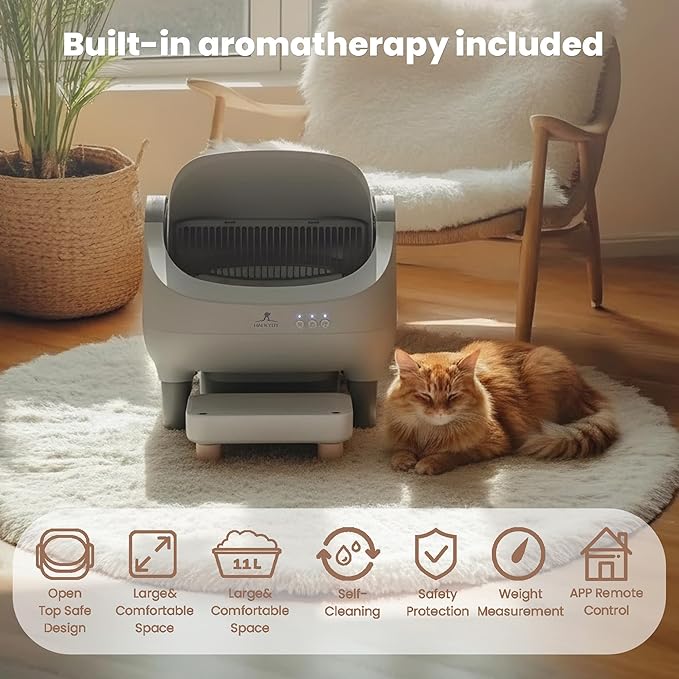 Automatic Litter Box with Raised Step, for Multiple Cats, Open Top Large Capacity Self Cleaning Litter Box, Safety Protection, Smart App Control, Odor-Free & Health Monitoring & Quiet Operation
