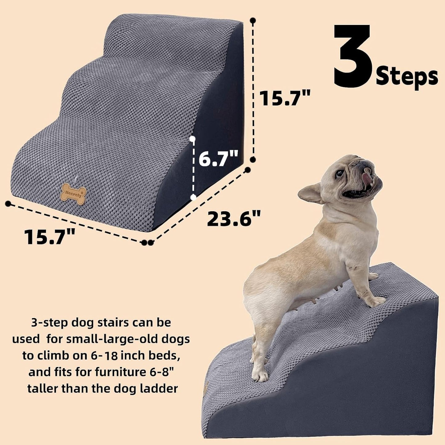 3-Step Dog Stairs for High Beds & Couches Multi-Step Non-Slip Pet Steps with Balanced Ramp Indoor 2 3 4 5 Step Stairs for Small to Large Dogs and Cats Non-Slip Stickers 30D Grey - Pet Explorer