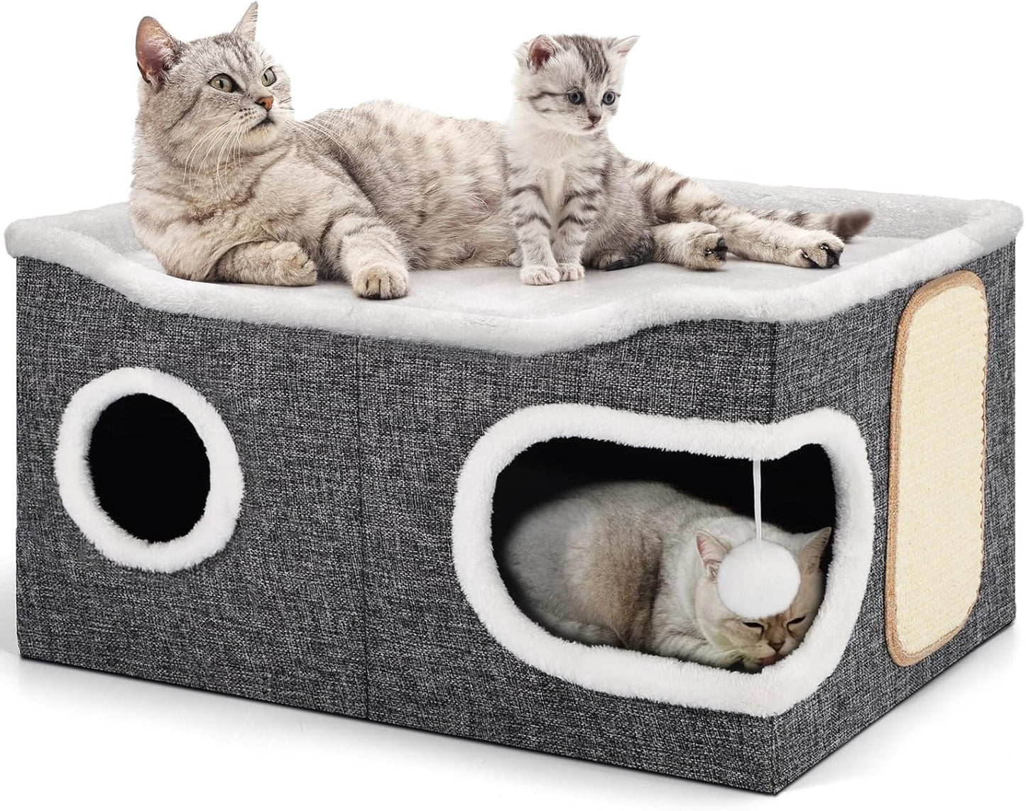 Cat Beds for Indoor Cats, Extra Wide Cat Cube House for Multi Cats, Foldable Cat Cave Hideaway with Arc-Edge Design & Oval Door, Double-Side Soft Cushion for All Seasons, 24"L x 17.7"D x 12.6"H, Grey - Pet Explorer