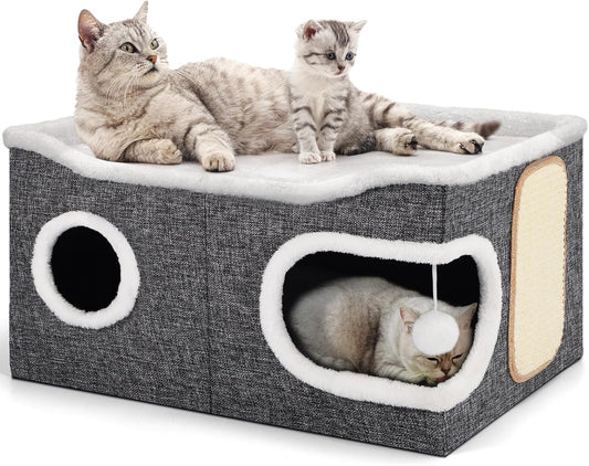 Cat Beds for Indoor Cats, Extra Wide Cat Cube House for Multi Cats, Foldable Cat Cave Hideaway with Arc-Edge Design & Oval Door, Double-Side Soft Cushion for All Seasons, 24"L x 17.7"D x 12.6"H, Grey - Pet Explorer