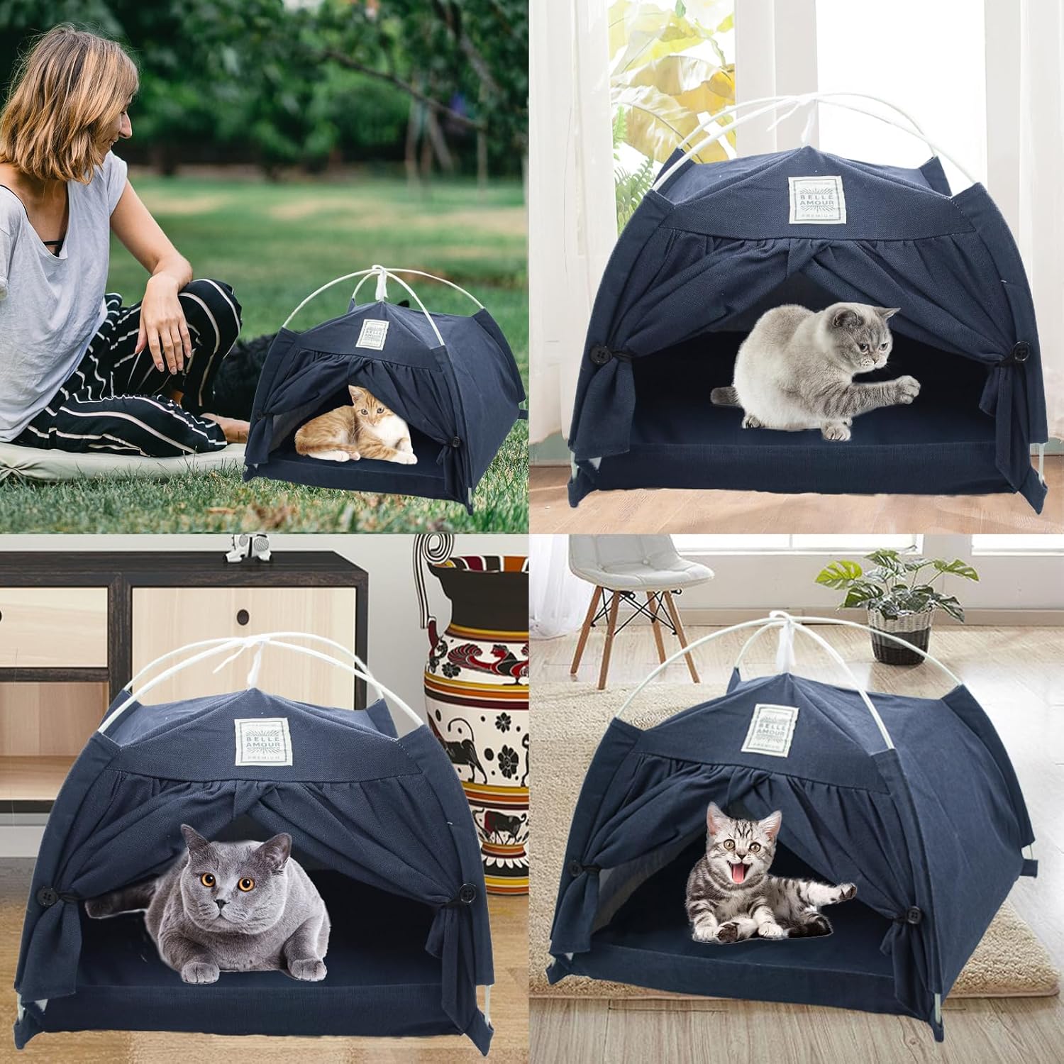Cat Tent Bed,Cats Cave House Portable for Indoor with Removable Non-Slip Soft Pad Foldable Cat Tents Hut Washable Pet House Bed Outdoor for Kitty Puppy Small Pets 15.7x15.7x16.1 in (Navy Blue) - Pet Explorer