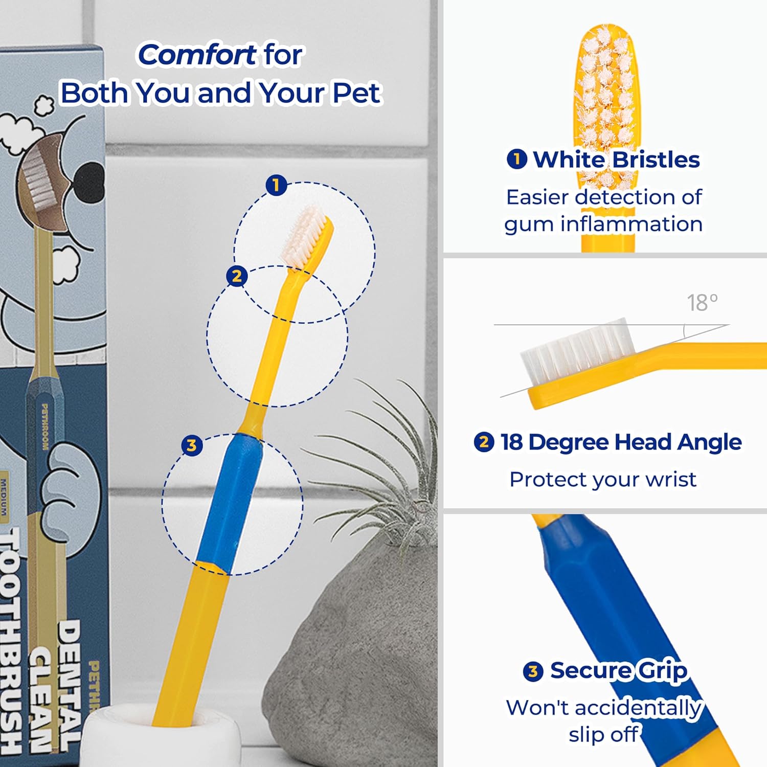 PETHROOM] Pet Toothbrush | Dogs and Cats Teeth Brushing Cleaning Tooth Care | Soft Bristle Cleaning Toothbrush for Dog Puppy Cat, Removing Old Plaque and Tartar (Medium) - Pet Explorer