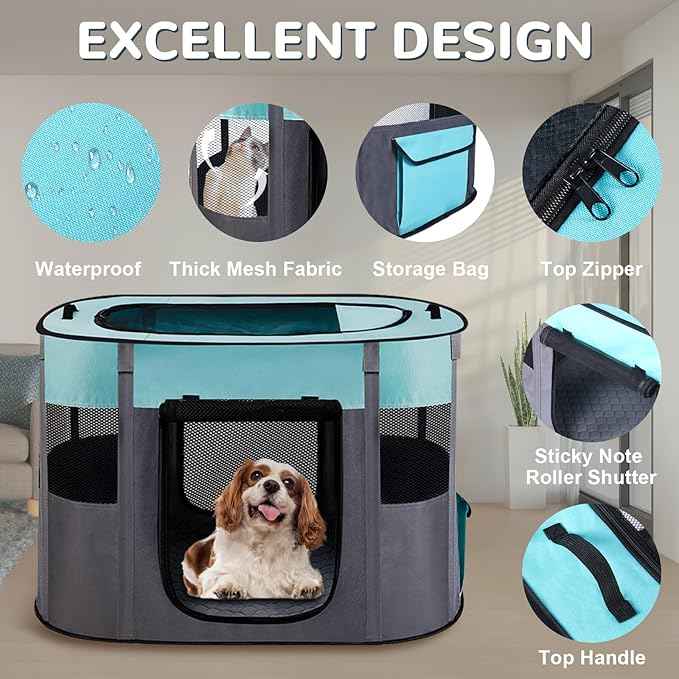 Portable Dog Cat Playpen with Waterproof Pad,Collapsible Pet Puppy Kitten Crate,Foldable Small Animals Kennel Cage for Indoor Outdoor Travel Camping,Water-Resistant Breathable Shade Cover (Green M)