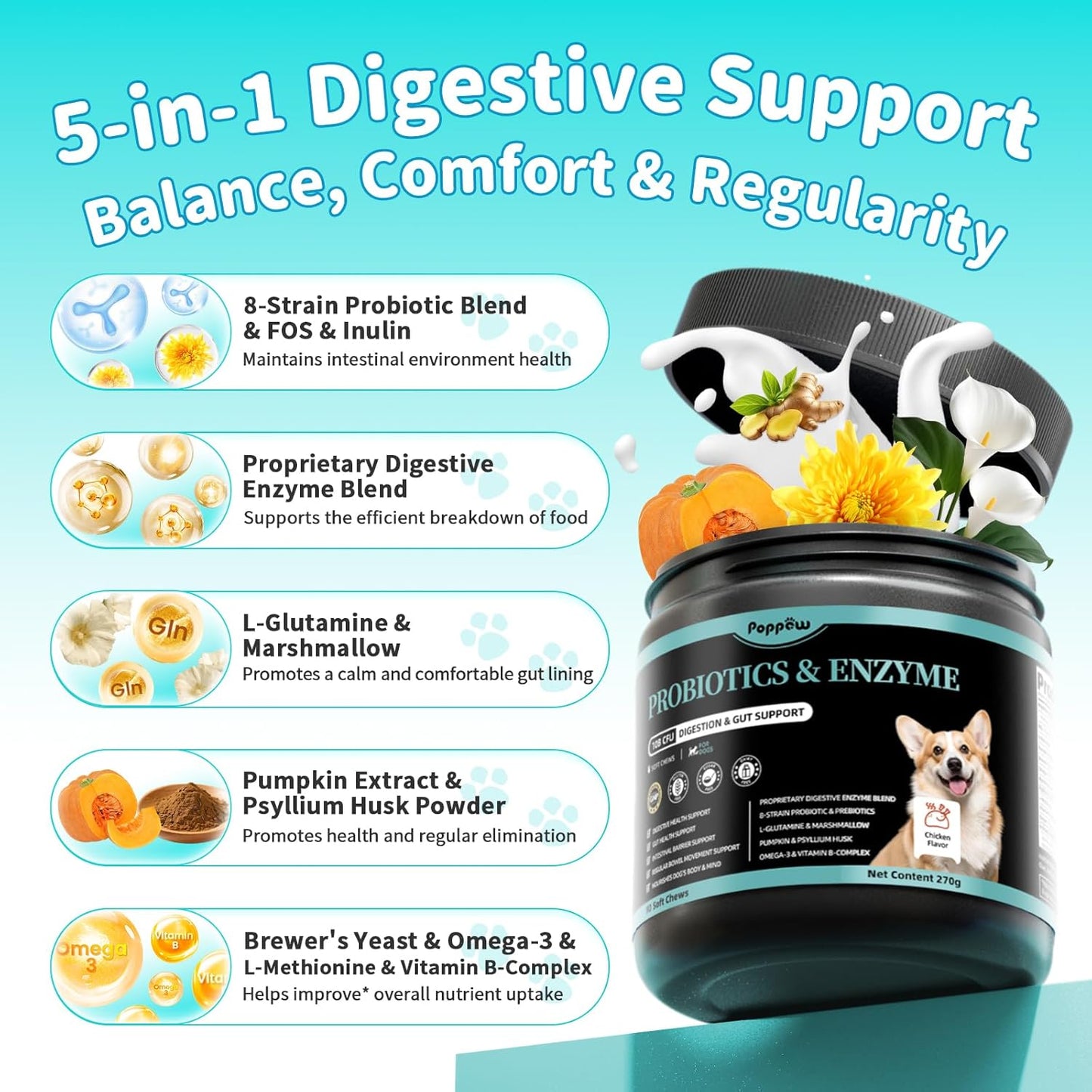Probiotics for Dogs, Digestive Enzymes for Gut Health Support, Dog Fiber Supplement with Pumpkin for Diarrhea & Bowel Support, Upset Stomach & Gas Relief, Constipation - 90 Count Chicken Flavor - Pet Explorer