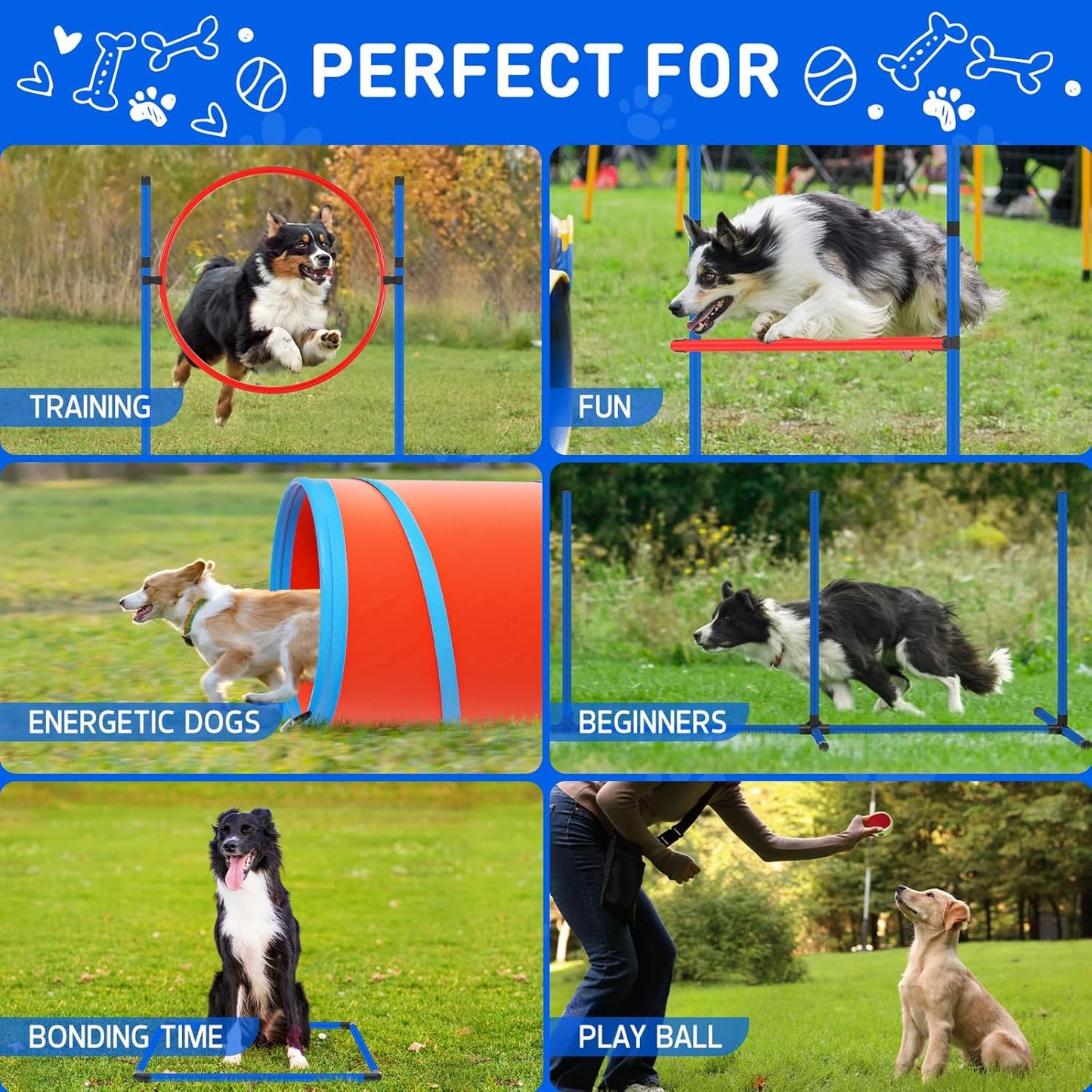 Dog Agility Equipment, Dog Agility Course Backyard Set Obstacle Course Backyard Includes Adjustable High Hurdle,6 Weave Poles,Extended Tunnel,Jump Ring,Square Pause Box,2 Balls,Whistle,2 Carrying Bags