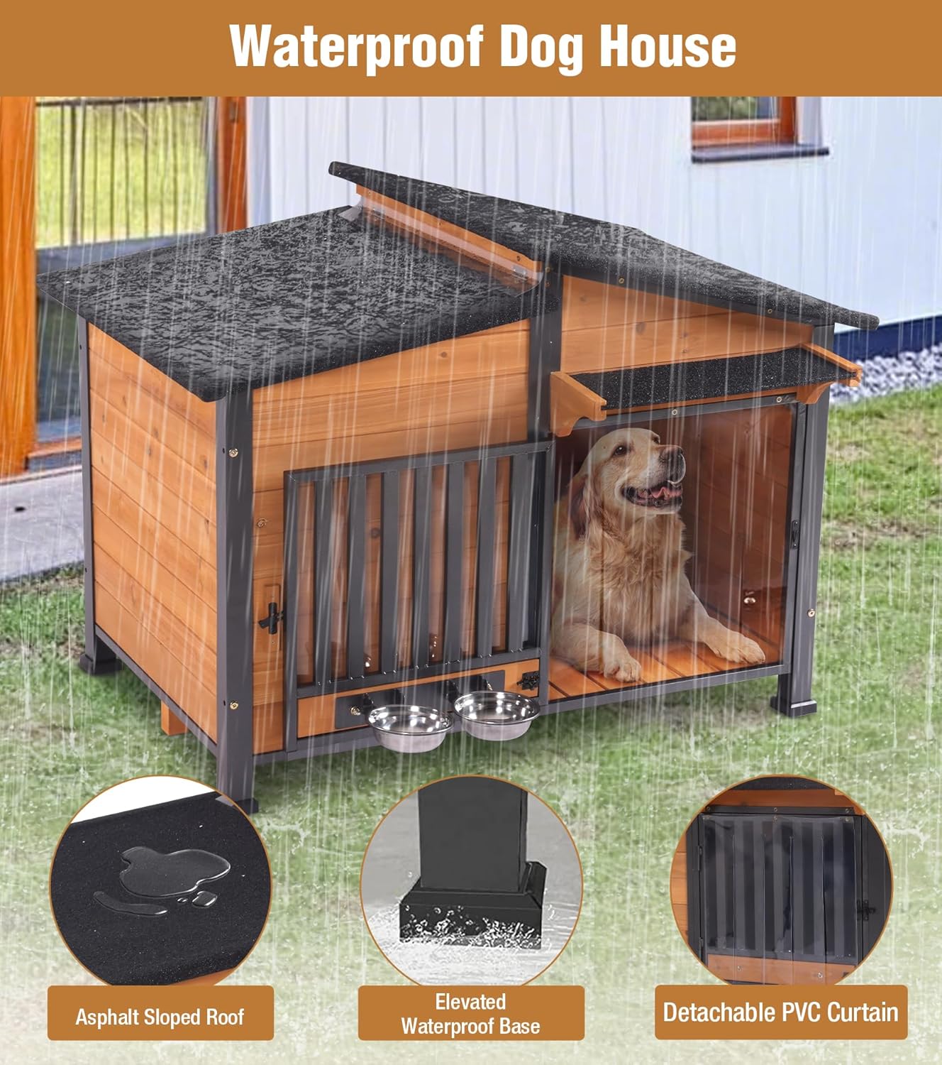 GUTINNEEN Dog House Outdoor with Anti-Chewing Metal Frame, Wooden Dog Kennel with 360° Rotating Feeding Bowl, Weatherproof Roof, for Indoor & Outdoor Use - Natural Wood Color - Pet Explorer