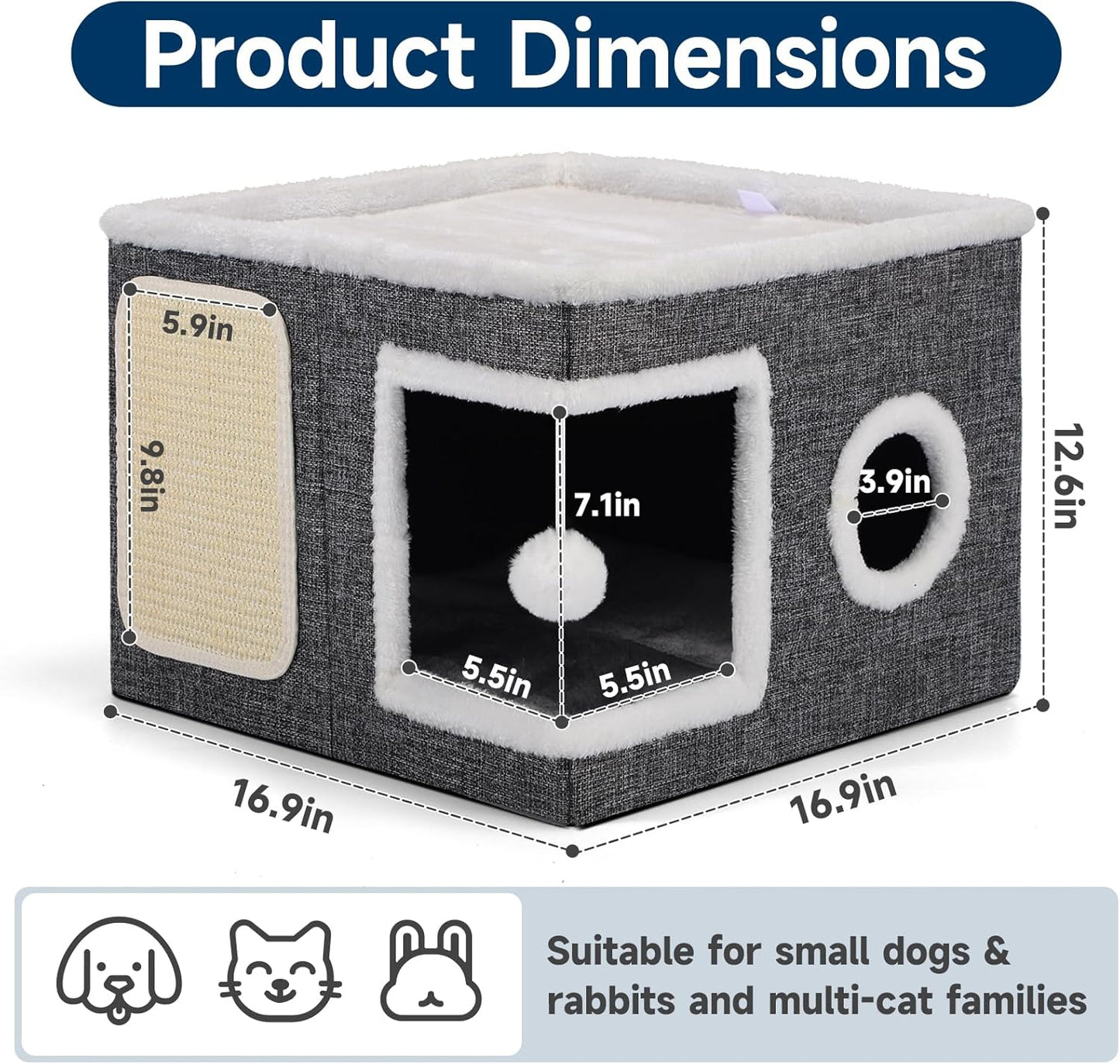 Cat Beds for Indoor Cats, Large Cat Cave with Cozy Condo, Fluffy Hanging Ball, Round Window, Foldable Indoor Cat House Hold Up to 30LBS, Cat Hideaway with Double-Sided Soft Cushions for All Seasons - Pet Explorer