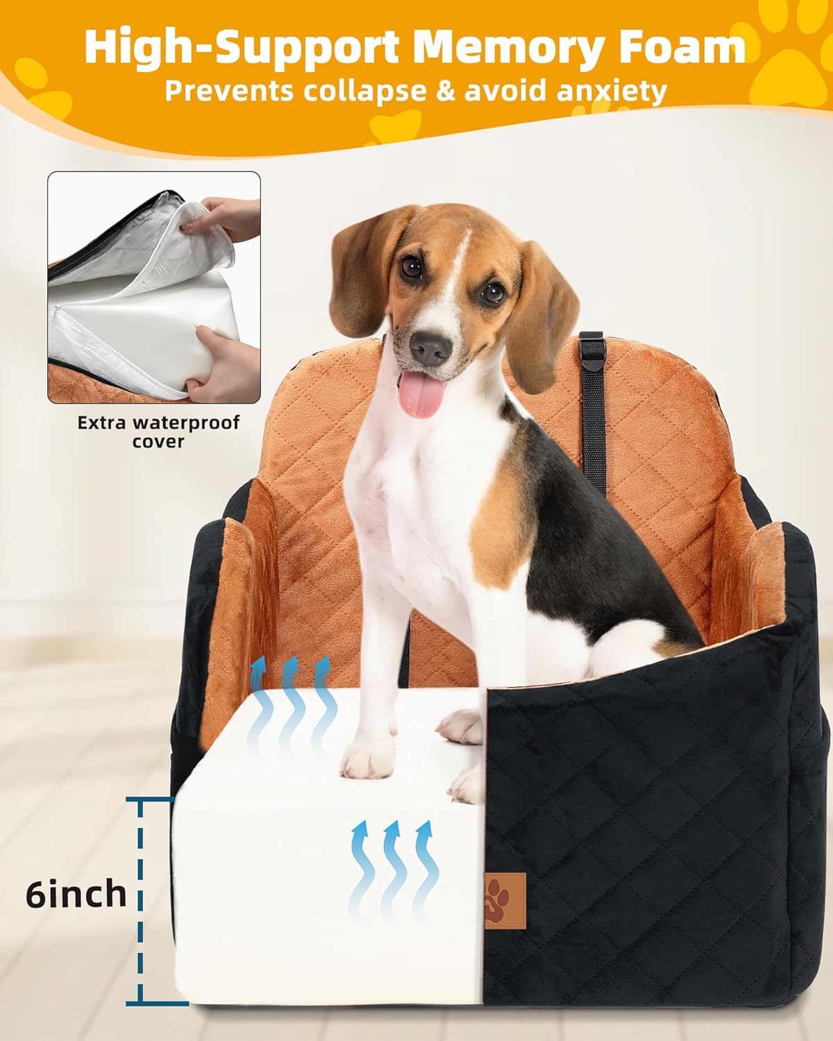 Car Seat Booster for Dog: High-Support Memory Foam Pet Car Seat for Small/Medium Dogs Under 35lbs with Elevated Cushion,Pockets - Detachable Washable Puppy Travel Bed for Driving(Black/Brown) - Pet Explorer