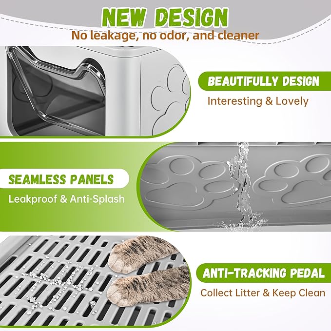 Enclosed Cat Litter Box with Lid Foldable Potty,Drawer Type Extra Large Cover Litter Box with Mat, Kitty Free in and Out/One-Way,Odor Control Anti-Splashing Easy Cleaning (Pale Grey)