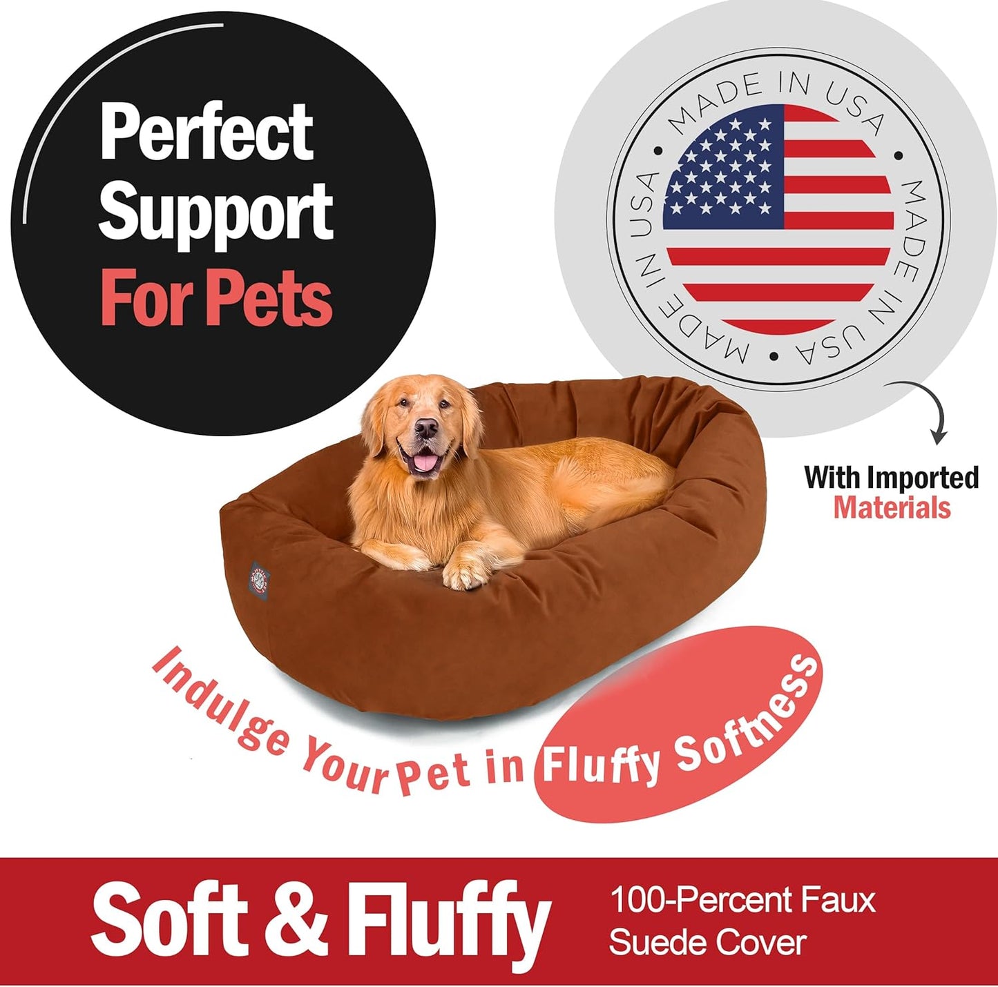 Majestic Pet 40 Inch Suede Shredded Memory Foam Mix Calming Large Dog Bed Washable 40 x 29 x 9 (Inch) - Cozy Soft Round Donut Dog Bed with Spine for Head Support - Pet Bed Rust - Pet Explorer