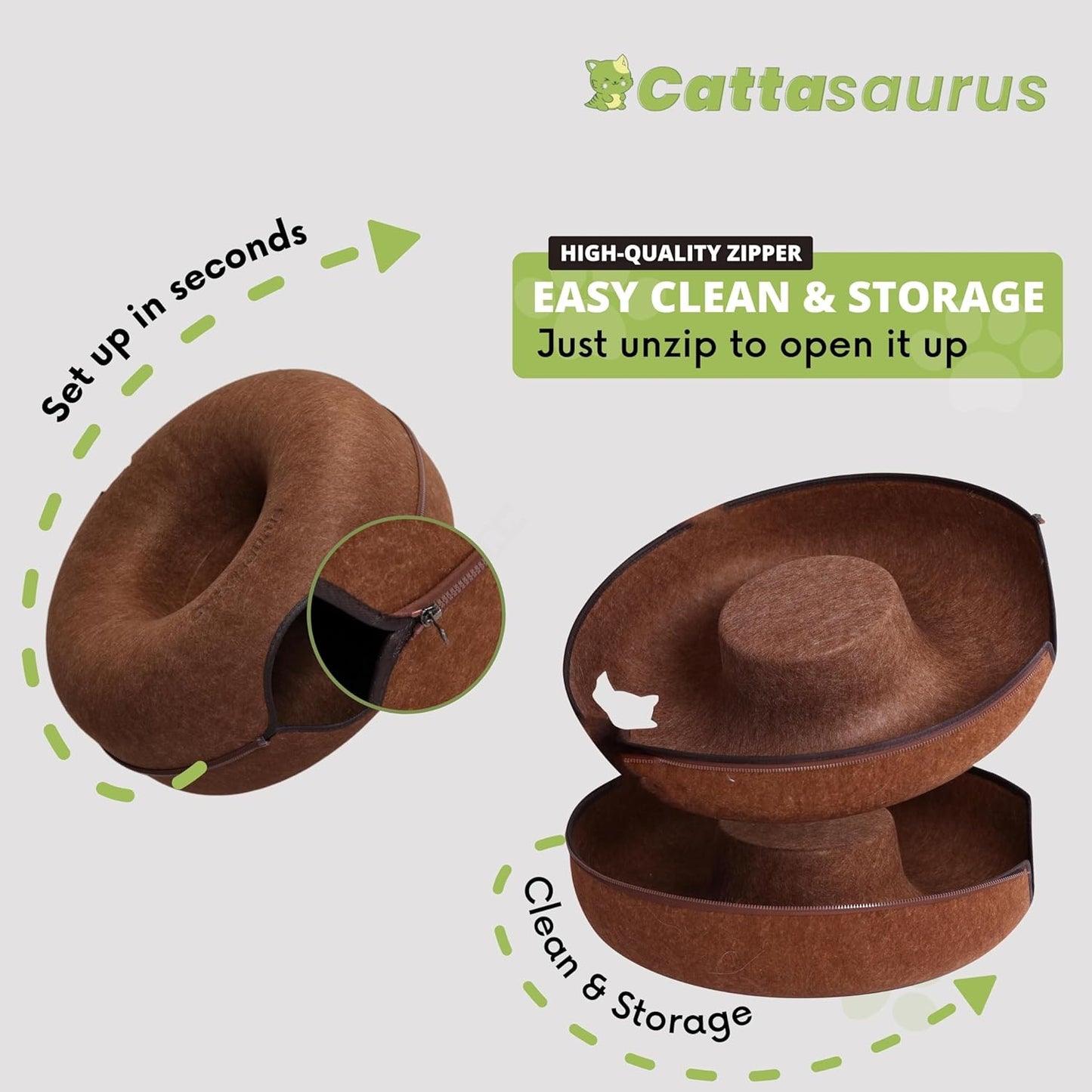 Cattasaurus Peekaboo Cat Cave for Multiple & Large Cats Up to 30-45 Lbs, Scratch Detachable & Washable Tunnel Bed, Comfy Donut Cat Cave (Brown, Large) - Pet Explorer