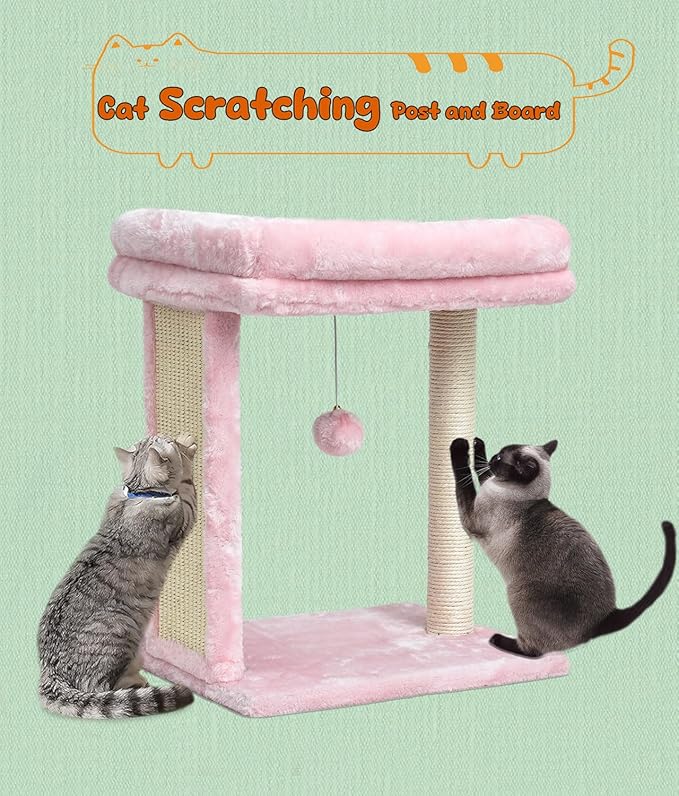 SYANDLVY Small Cat Tree for Indoor Cats, Scratching Board with Perch & Scratching Post, Kittens Scratcher with 2 Dangling Balls, Pink