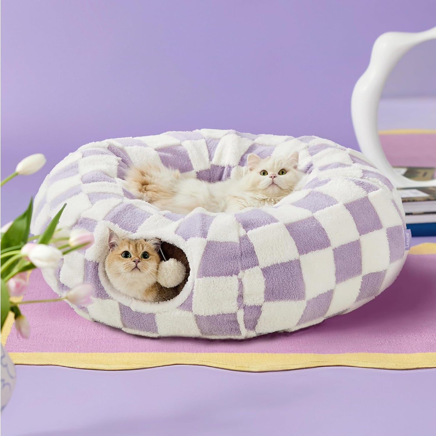 Lesure Cat Tunnel Bed for Indoor Cats - Cute Cat Donut Tunnel Toys for Small Large Cats with Washable Circle Cushion, Round Pet Peekaboo Cave Toy for Kitten/Puppy/Rabbit, Standard Purple - Pet Explorer