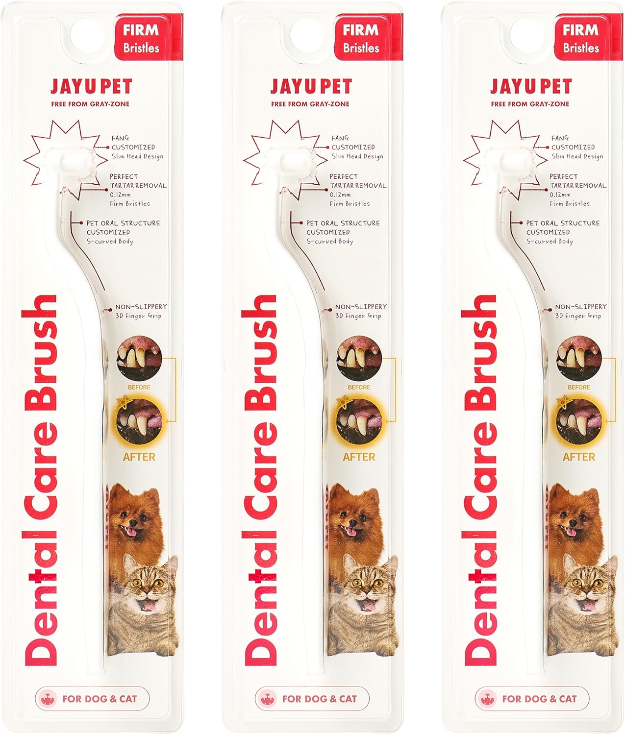 JAYU PET Dental Care Brush (Firm Bristles) 3ea - Resilient Dog Toothbrush, Cat Toothbrush for Tartar & Plaque Removal, Horizontal Head and S-Curved Body - Pet Explorer