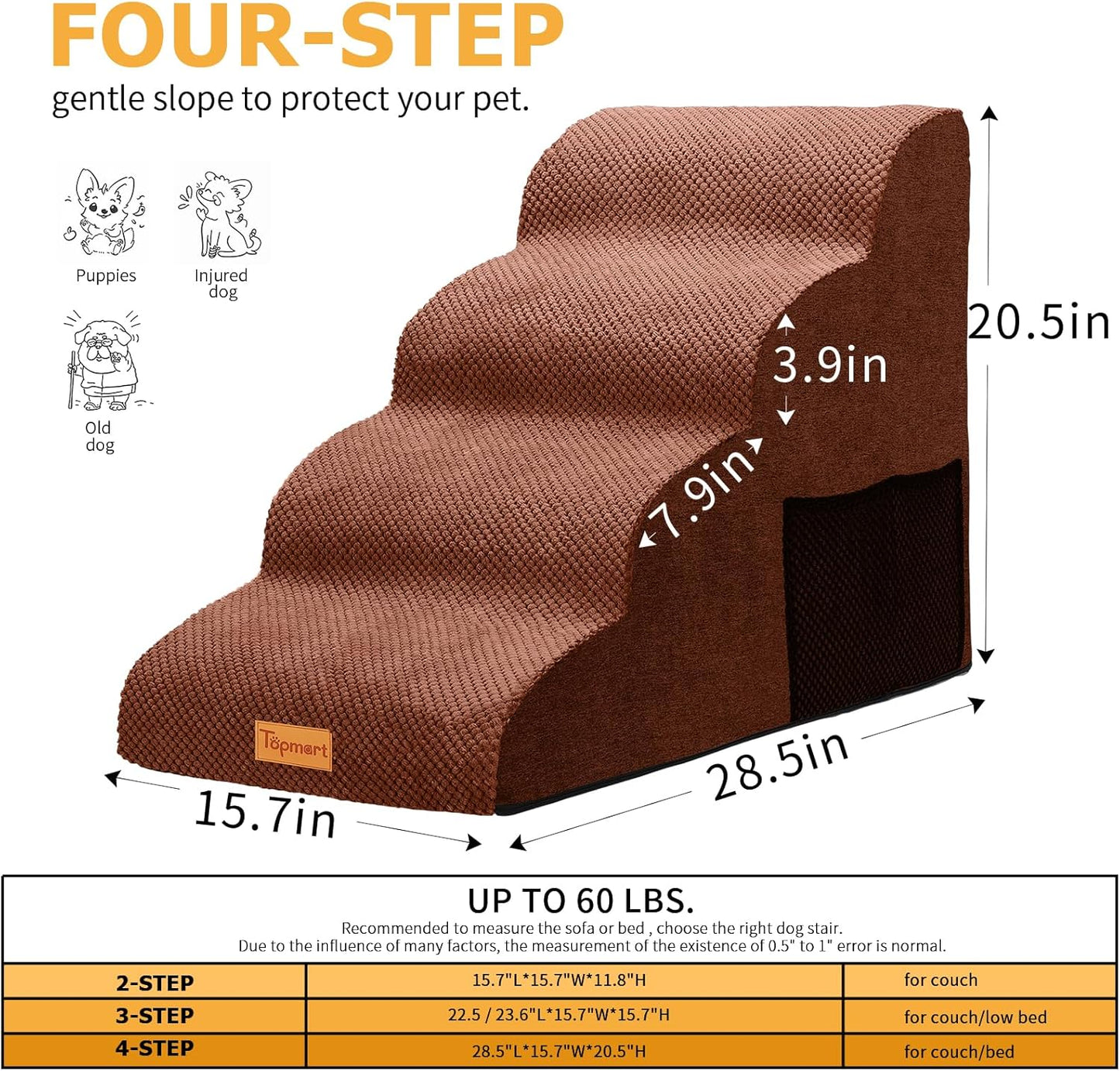 Topmart High Density Foam Dog Steps 4 Tiers,Extra Wide Deep Pet Steps,Non-Slip Dog Stairs Ramp for Bed,Soft Foam Cat Ladder,Best for Older Injured,Older Pets,Cats with Joint Pain - Pet Explorer