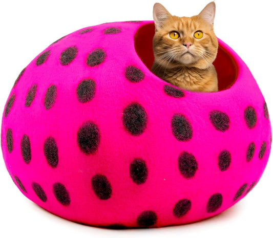 Woolygon Premium Felt Cat Cave Bed - Polka Dot Series - Wool Kitty Beds Handcrafted Kitten Caves Bed for Indoor Cats - Eco-Friendly Merino Wool, Foldable Cat Hideaway Cat Houses (Pink/Black Dots) - Pet Explorer