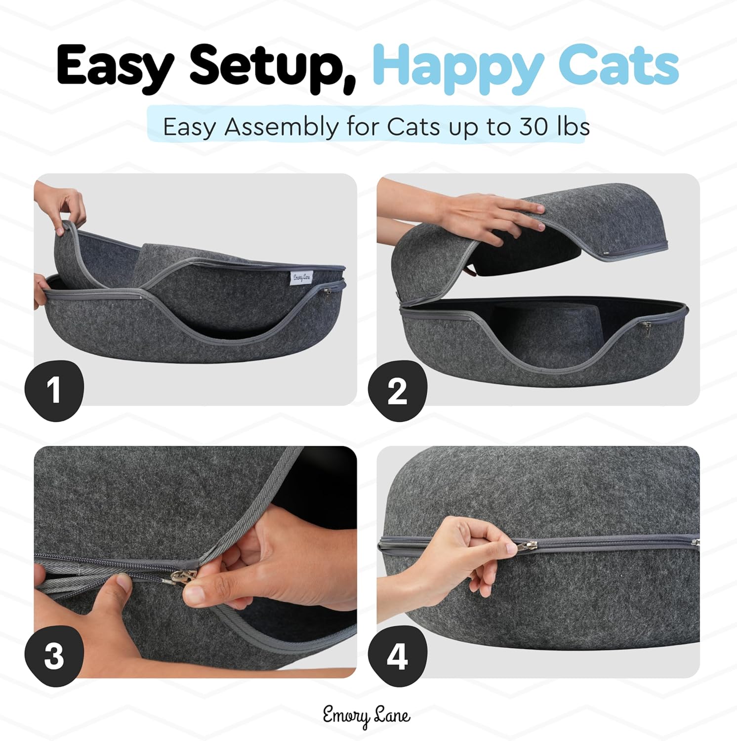 Emory Lane - Premium Cat Cave, Multifunctional Donut Tunnel Bed, Round Felt Cave with Zipper, for Pets up to 40 Lbs (24x24x11 Inch) (Dark Gray) - Pet Explorer