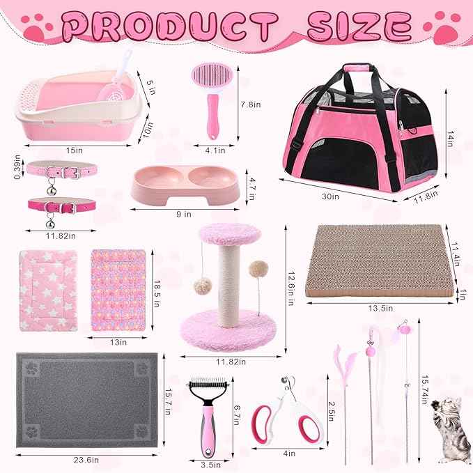 Eccliy 35 Pcs Kitten Starter Kit for 2 Indoor Kittens Essentials Including Carriers, Litter Boxes, Mats, Collars, Beds, Scratch Pad, Bowls, Toys Accessories Cat Welcome Gift Foster Adopt Supplies
