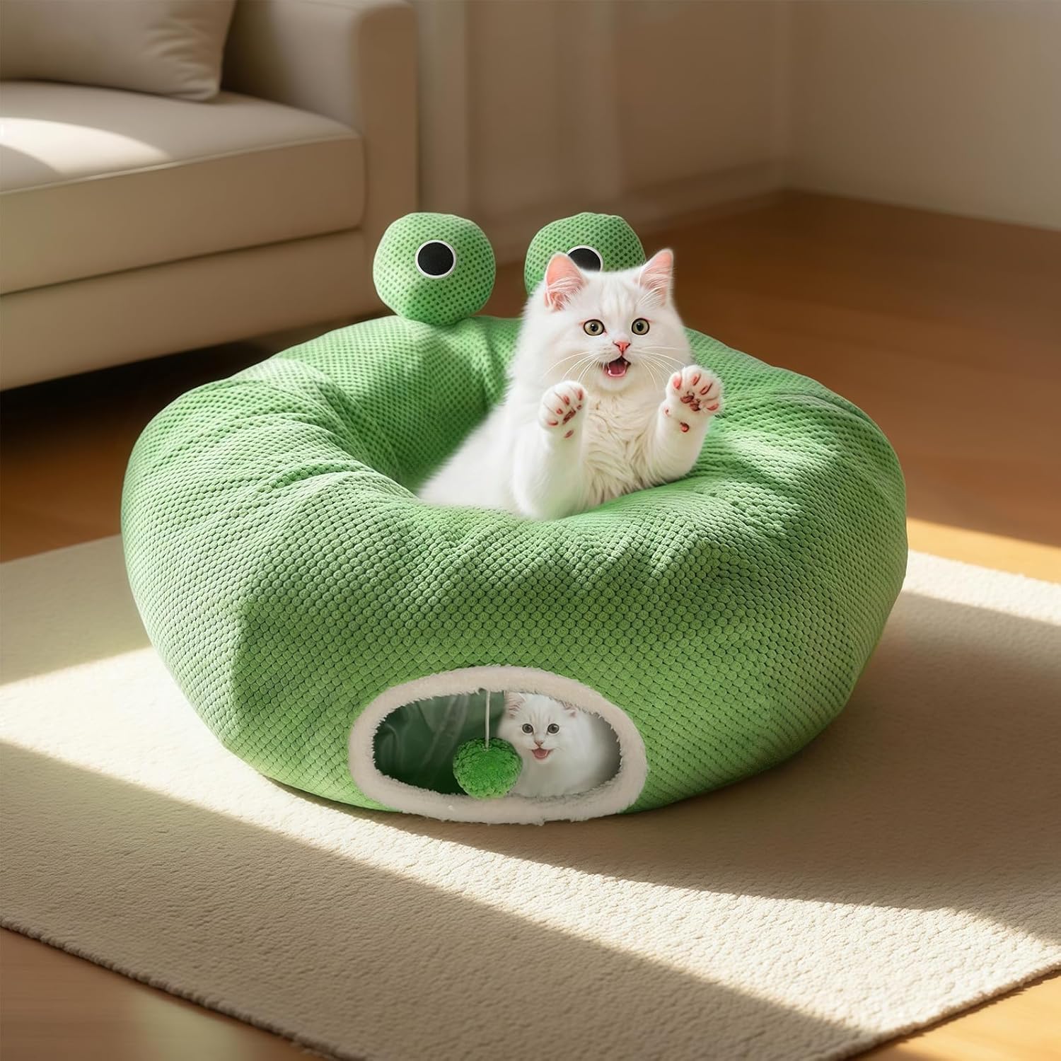 Cat Tunnel Bed for Indoor Cats, Peekaboo Cat Cave Bed,Soft Cat Donut Tunnel for Kitten Large Cats, Cute Frog Shaped - Pet Explorer