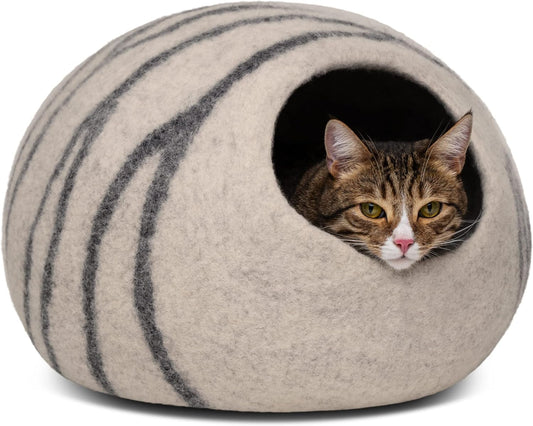 MEOWFIA Cat Cave – Premium Felt Cat Bed for Indoor Cats, Handmade 100% Merino Wool (Light Grey, Large) - Pet Explorer
