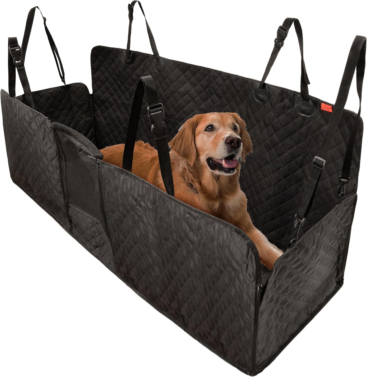 Lusso Gear Dog Car Seat Cover for Back Seat - 100% Waterproof Dog Hammock - Padded Headrest and Mesh Window - Passenger Compatible Rear Car Seat Cover - Fits Trucks, SUVs, Cars - Pet Explorer