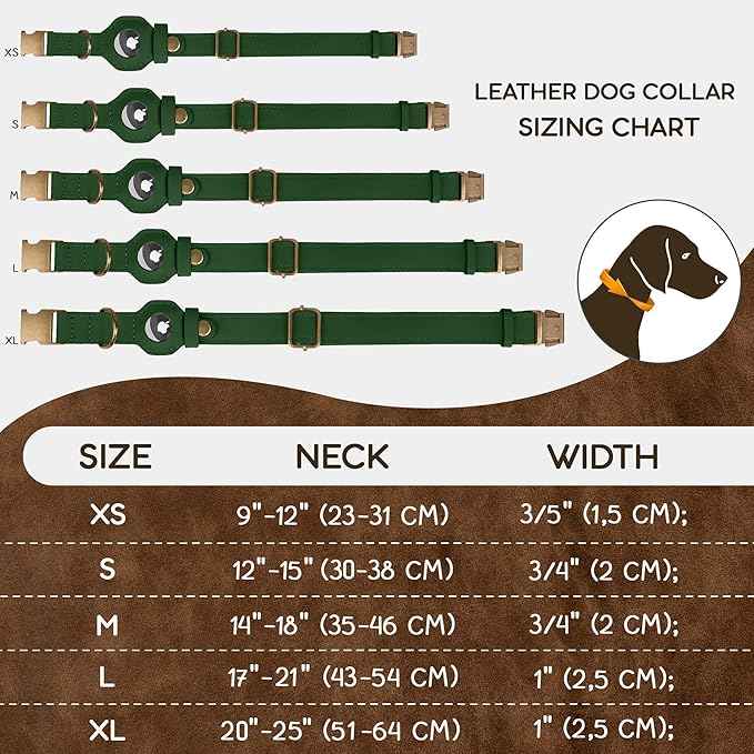 AirTag Dog Collar - Genuine Leather Dog Collar with Apple AirTag Holder and Metal Buckle - Smart GPS Tracking Pet Collars (Dark Green, L, 17"-21" Neck Fit)