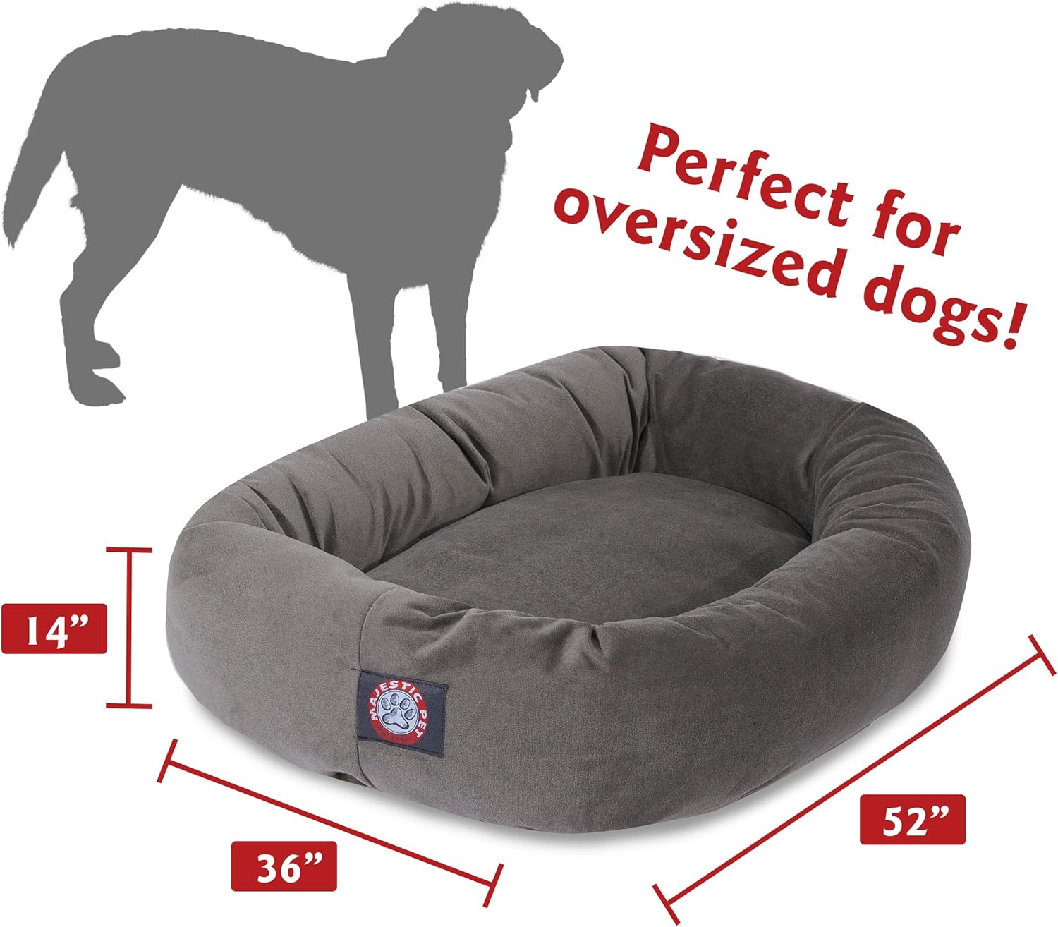 Majestic Pet 52 Inch Suede Calming Dog Bed Washable 52x35x11 (Inch) – Cozy Soft Round Donut Dog Bed with Spine Support for Dogs to Rest Their Head - Pet Bed X- Large – Gray - Pet Explorer