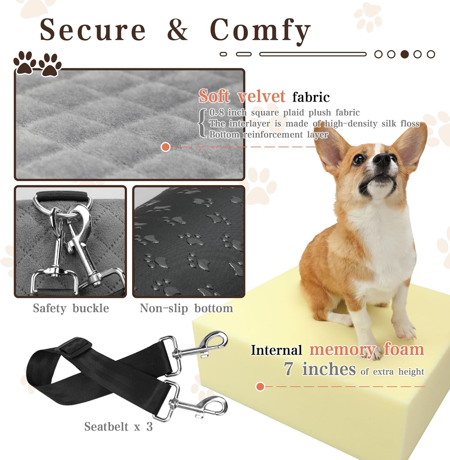 Dog Booster Car Seat for Small/Medium Dogs up to 30 lbs,Interior 7 Inches Elevated Pet Booster Seat,Ultra Soft Fabric and Memory Foam Car Dog Bed,Safety,Comfy,Fully Detachable Washable(H-Black/Brown) - Pet Explorer