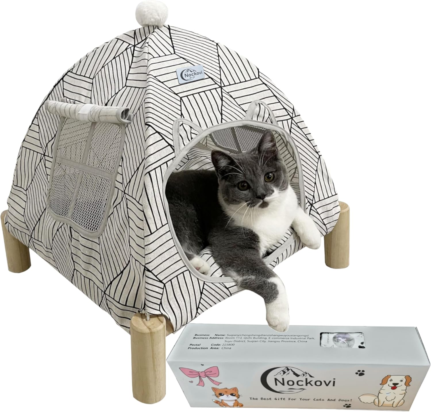 2-in-1 Elevated Cat Tent Cat House, Quick Assembly and Disassembly, Portable Indoor/Outdoor Cute Cat Bed Cave-White Diamond Pattern - Pet Explorer