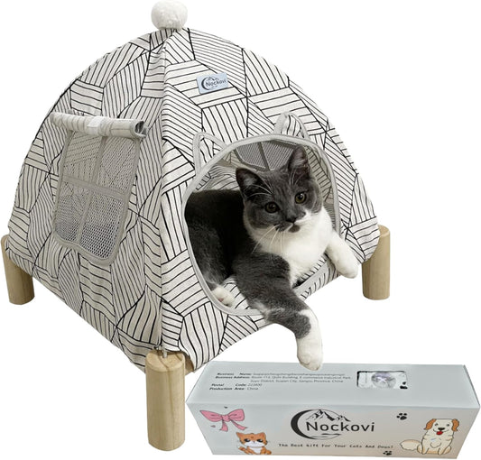 2-in-1 Elevated Cat Tent Cat House, Quick Assembly and Disassembly, Portable Indoor/Outdoor Cute Cat Bed Cave-White Diamond Pattern - Pet Explorer