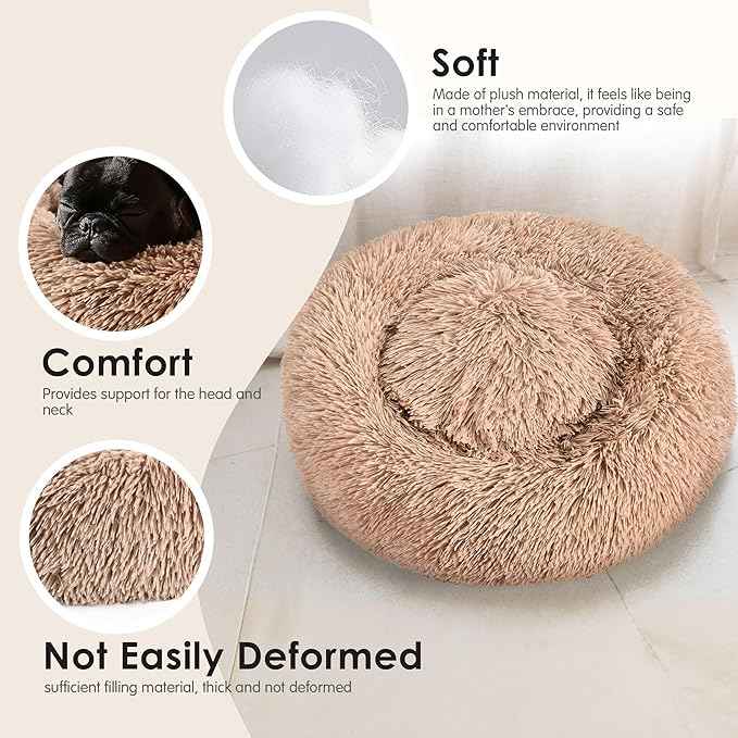 28in Large Dog Bed, Medium Size Dog and Cats, Calming Donut Bed for Puppy and Kitten, Washable Round Fluffy Pet Bed (Camel)
