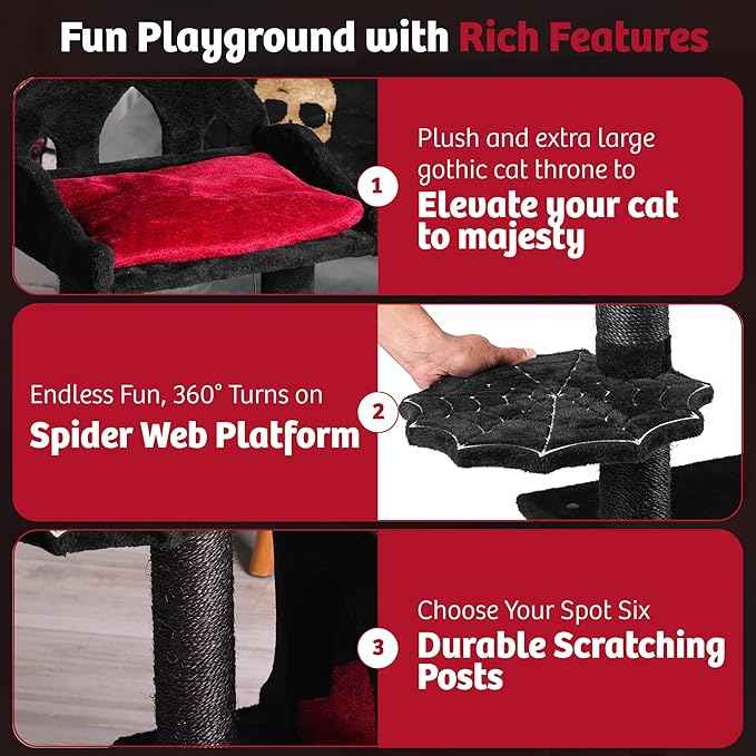 Gothic Cat Tree - 40" Goth Cat Bed, Spacious Condo, Spooky Hanging Bat, Durable Sisal Scratching Post - Elegant Black Cat Tree for Majestic Felines