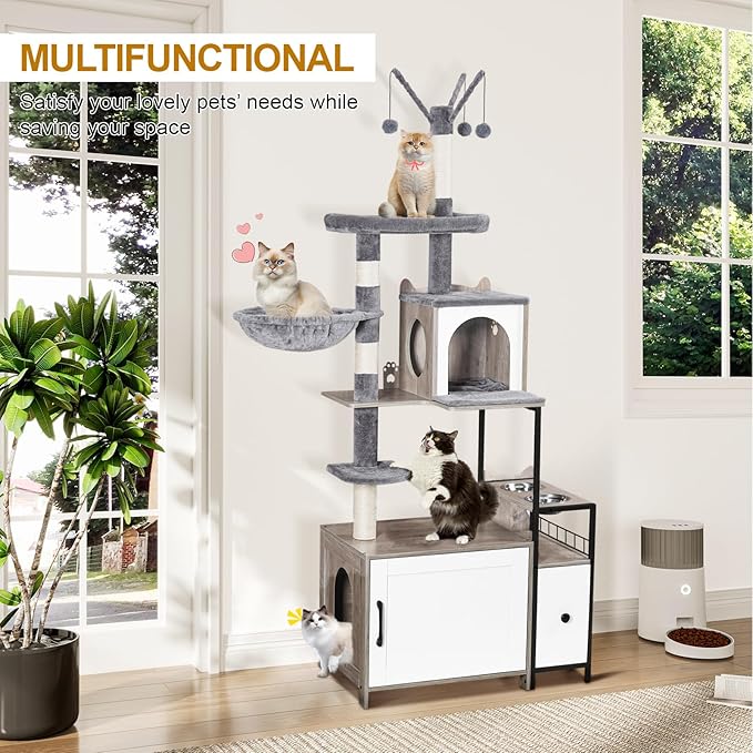 Snughome Cat Tree with Litter Box Enclosure, 3-in-1 Modern Cat Tower for Indoor Cats, 67.32’’ Hidden Cat Litter Box Furniture with Cat Condo, Food Station and Hammocks, All-in-one Cat Furniture