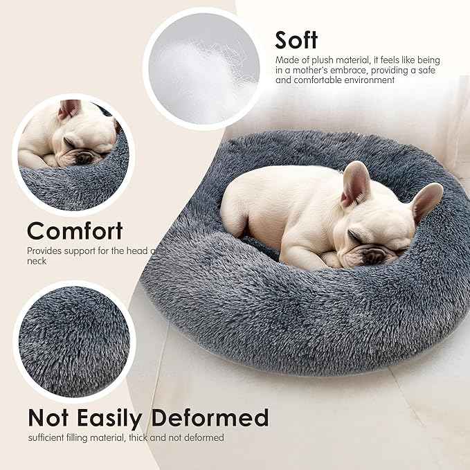 Hoewina Dog & Cat Bed, 20in Cat Beds for Indoor Cats, Calming Donut Bed for Puppy and Kitten, Washable Round Fluffy Pet Bed for Small Medium Dogs and Cats (Dark Grey)