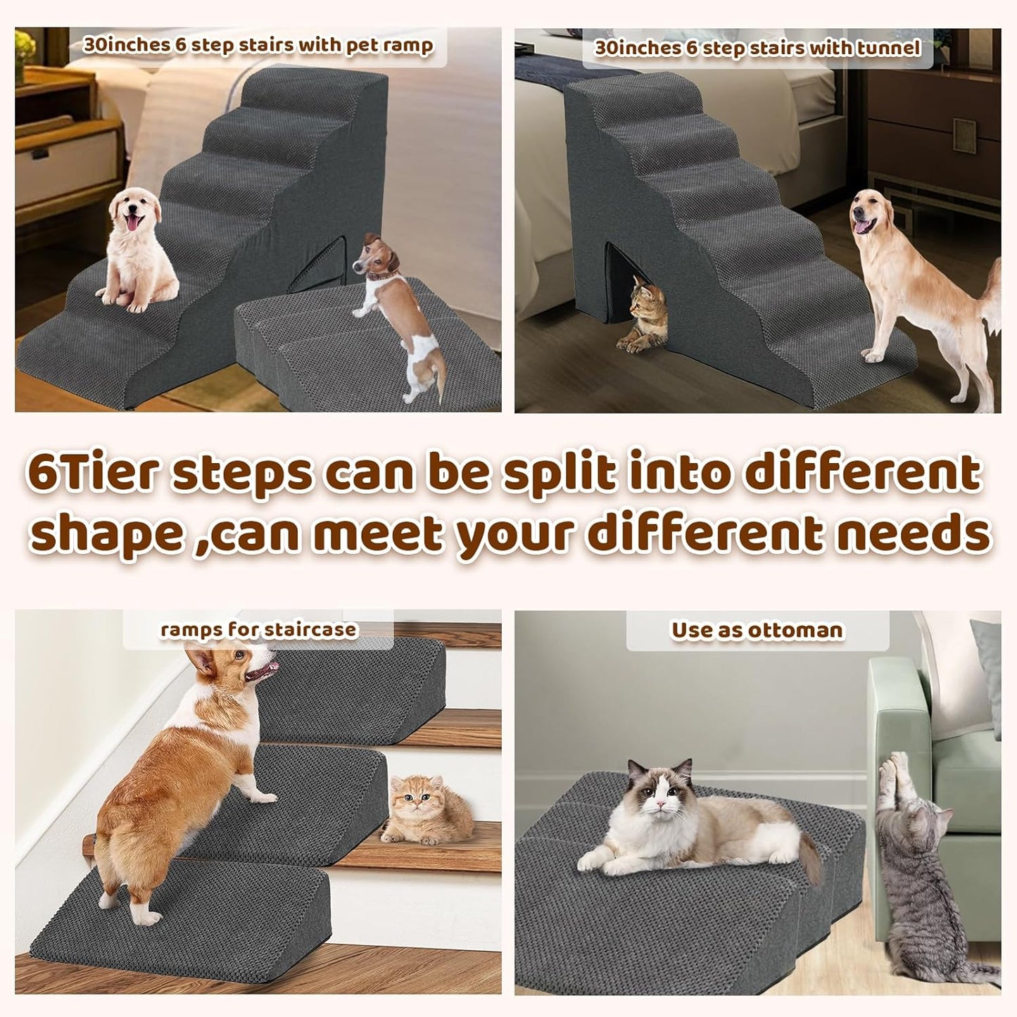 Dog Stairs & Steps Ramps for High Beds 30 inches High Tall, LitaiL 6 Step Pet Stairs Steps for Small Large Dogs, Non-Slip Dog Ramps with 3 Pack Ramps for Staircase - Pet Explorer