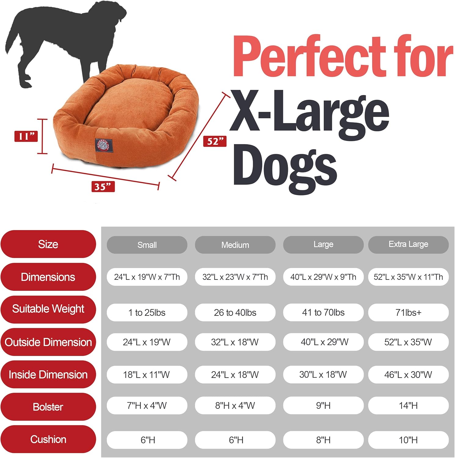 Majestic Pet 52 Inch Micro Velvet Calming Dog Bed Washable 52x35x11 (inch) – Cozy Soft Round Donut Dog Bed with Spine for Head Support -Pet Bed X- Large – Orange (2025) - Pet Explorer