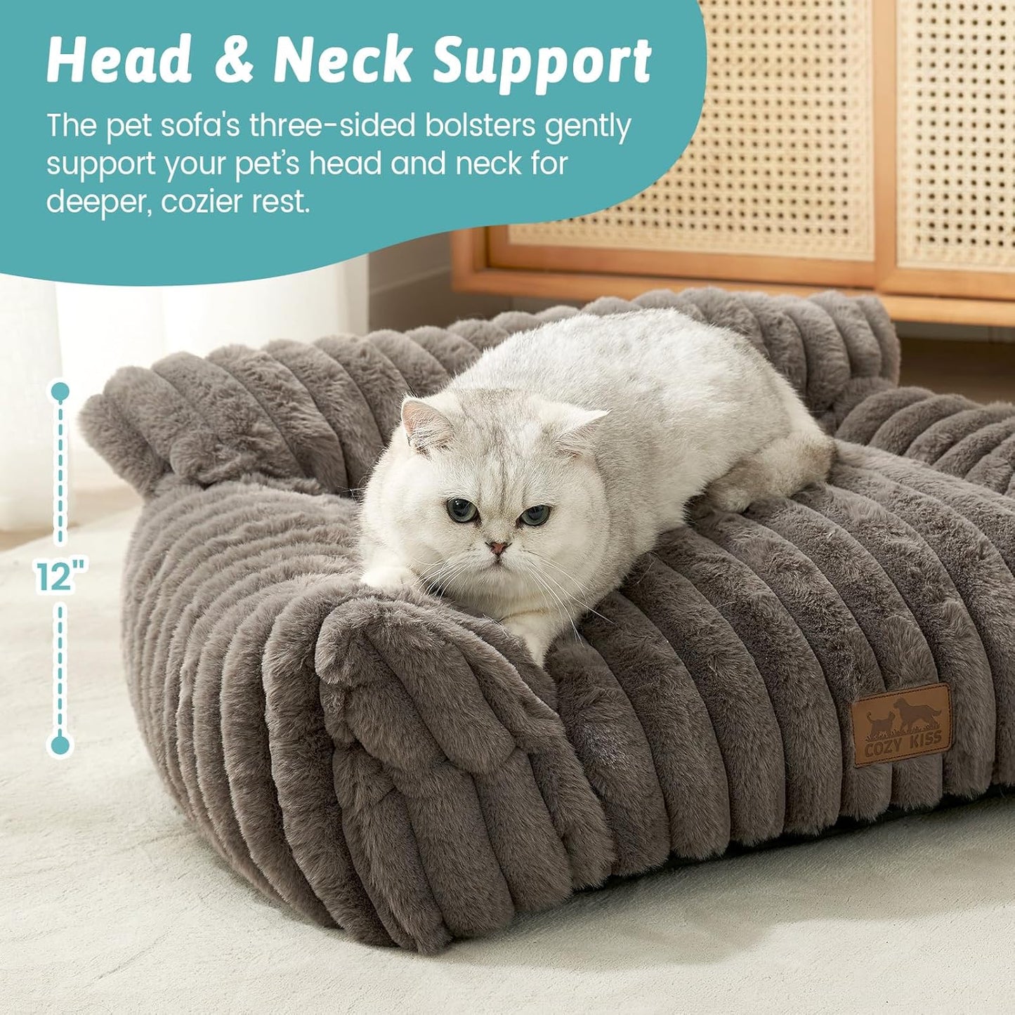 Cute Cat Couch, Premium Plush Faux Fur Pet Couch Bed, Ultra-Soft Pet Furniture for Cats & Small Dogs (Grey, S: 25.5''x17.5'') - Pet Explorer