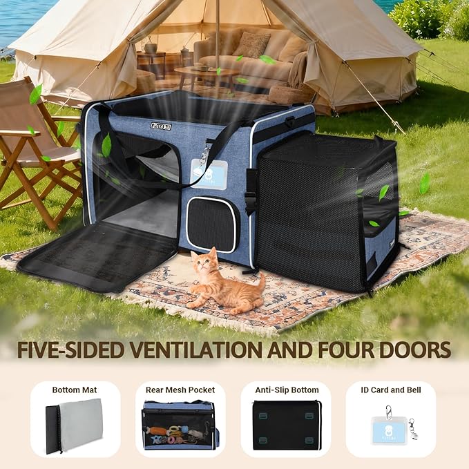 Petskd Side Expandable Extra Large Cat Car Carrier with Collapsible Litter Box for Long Distance Travel,24"x17"x17" Portable Soft Sided Pet Carrier with Roller Shades for 2 Cats Up to 55LBS(Blue)