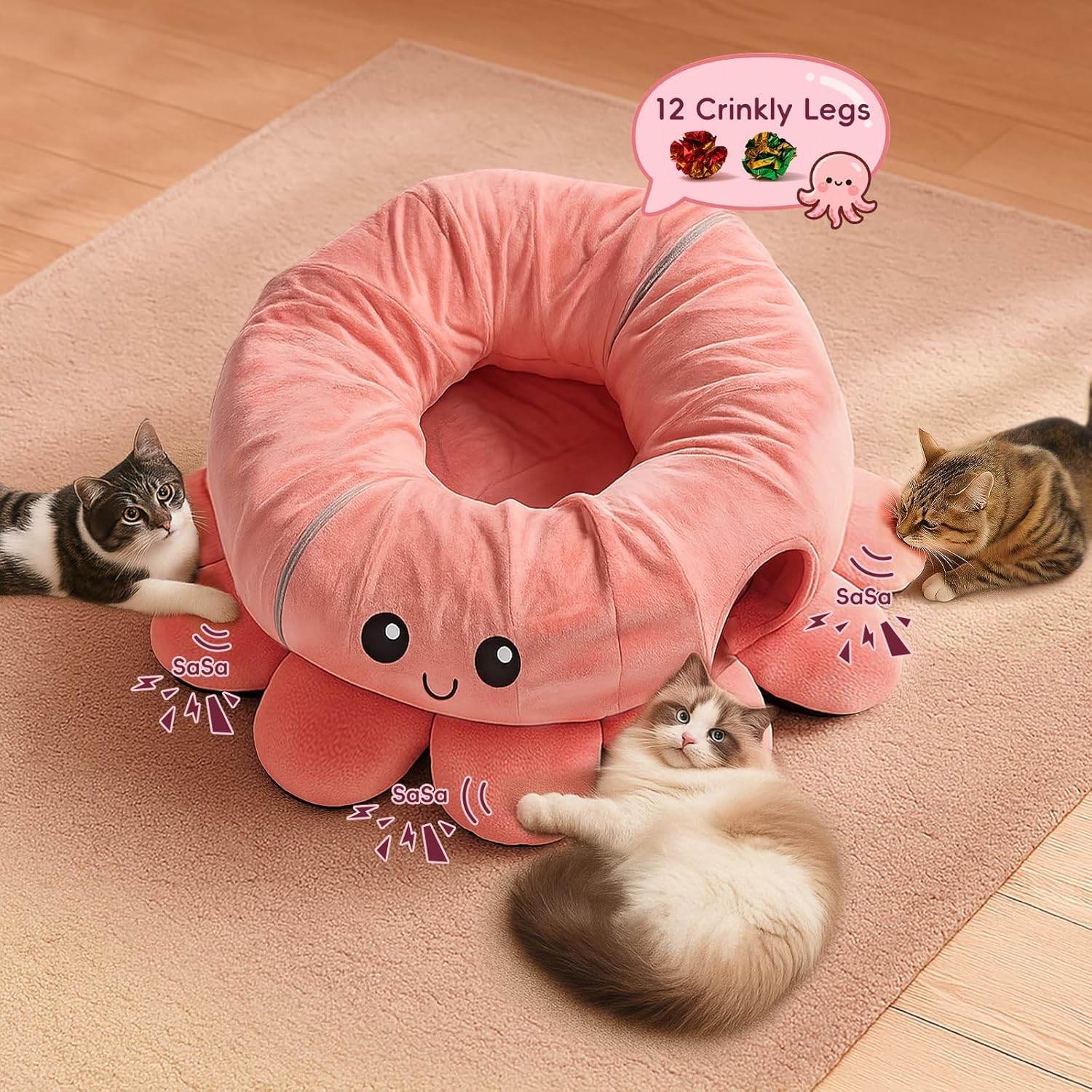 Cat Tunnel Bed for Indoor Cats, Peekaboo Cat Cave Bed,Soft Cat Donut Tunnel for Kitten Large Cats, Cute Pink Octopus Shaped - Pet Explorer
