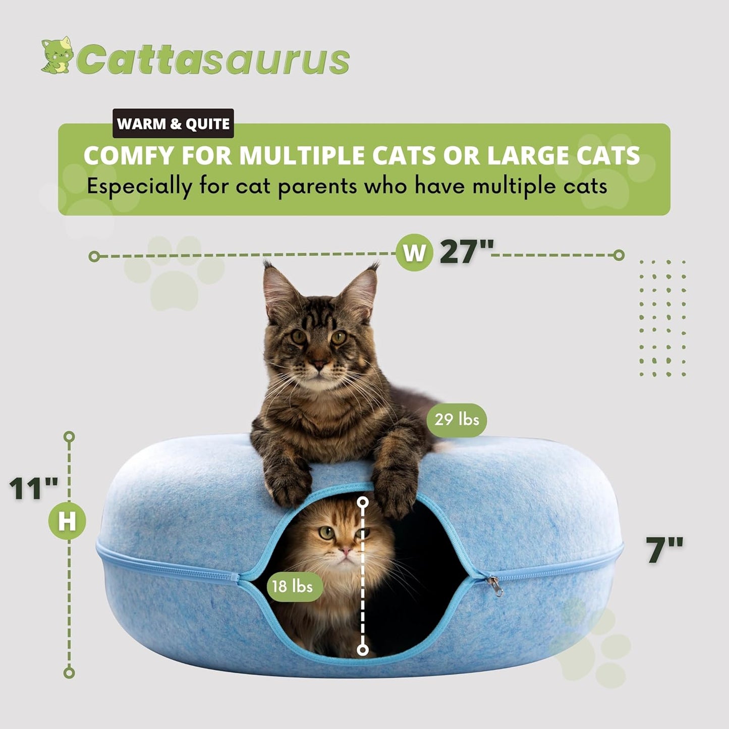 Cattasaurus Peekaboo Cat Cave for Multiple & Large Cats Up to 30-45 Lbs, Scratch Detachable & Washable Tunnel Bed, Comfy Donut Cat Cave (Blue, Jumbo) - Pet Explorer