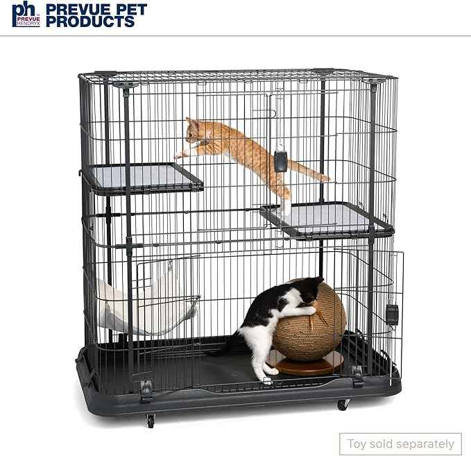 Prevue Pet Products Deluxe Cat Home - Cat Cage Home with 3 Levels, Spacious Indoor Pen, Includes Hammock, Durable & Easy to Clean Kennel, with Rolling Wheel Casters - Black