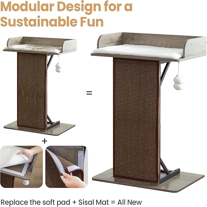 Modern Wood Cat Tree Tower for Indoor Large Cats, 33.8-Inch Tall Wooden Cat Trees with Big Perch Bed, Cat Scratching Pads, Washable Removable Cushions and Scratching Mat, Cat Furniture, Greigy