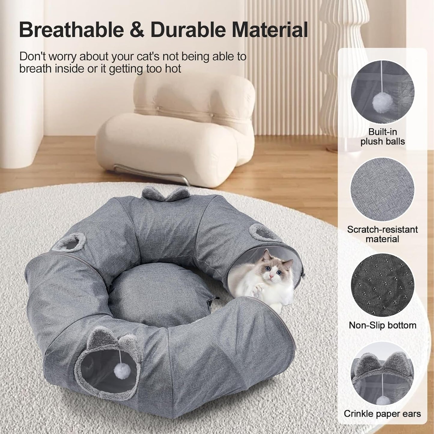 Odoland Summer Linen Cat Tunnels for Indoor Cats with Cooling Central Cat Bed, Interactive Cat Toys Detachable Soft Mat and Variety Kitty Toy Set Grey - Pet Explorer