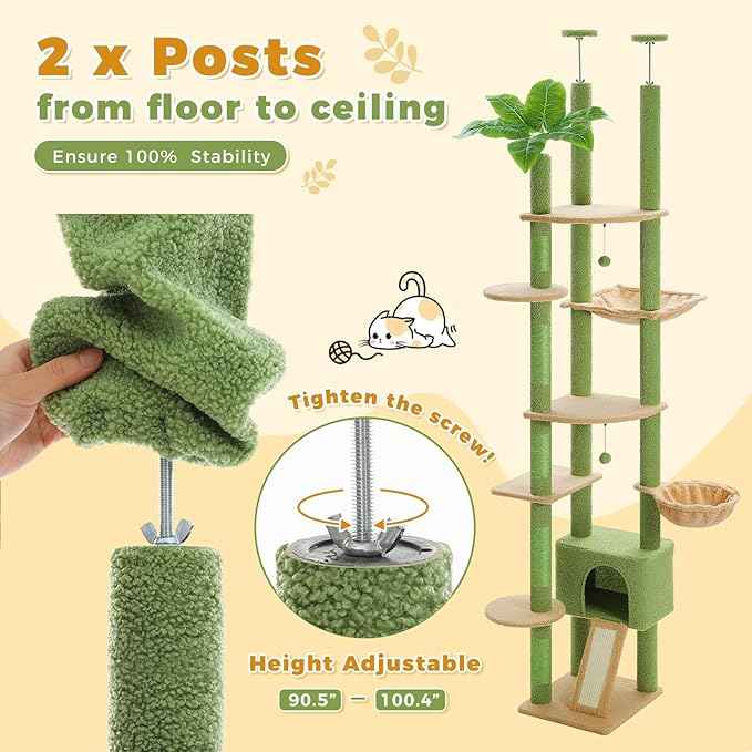 PETEPELA Floor to Ceiling Cat Tree, Adjustable 90.5''-100.4'' Cat Tower Cactus Climbing Tree with Scratching Posts, Spacious Condo and Large Hammock for Indoor Cats Large Adult, Green