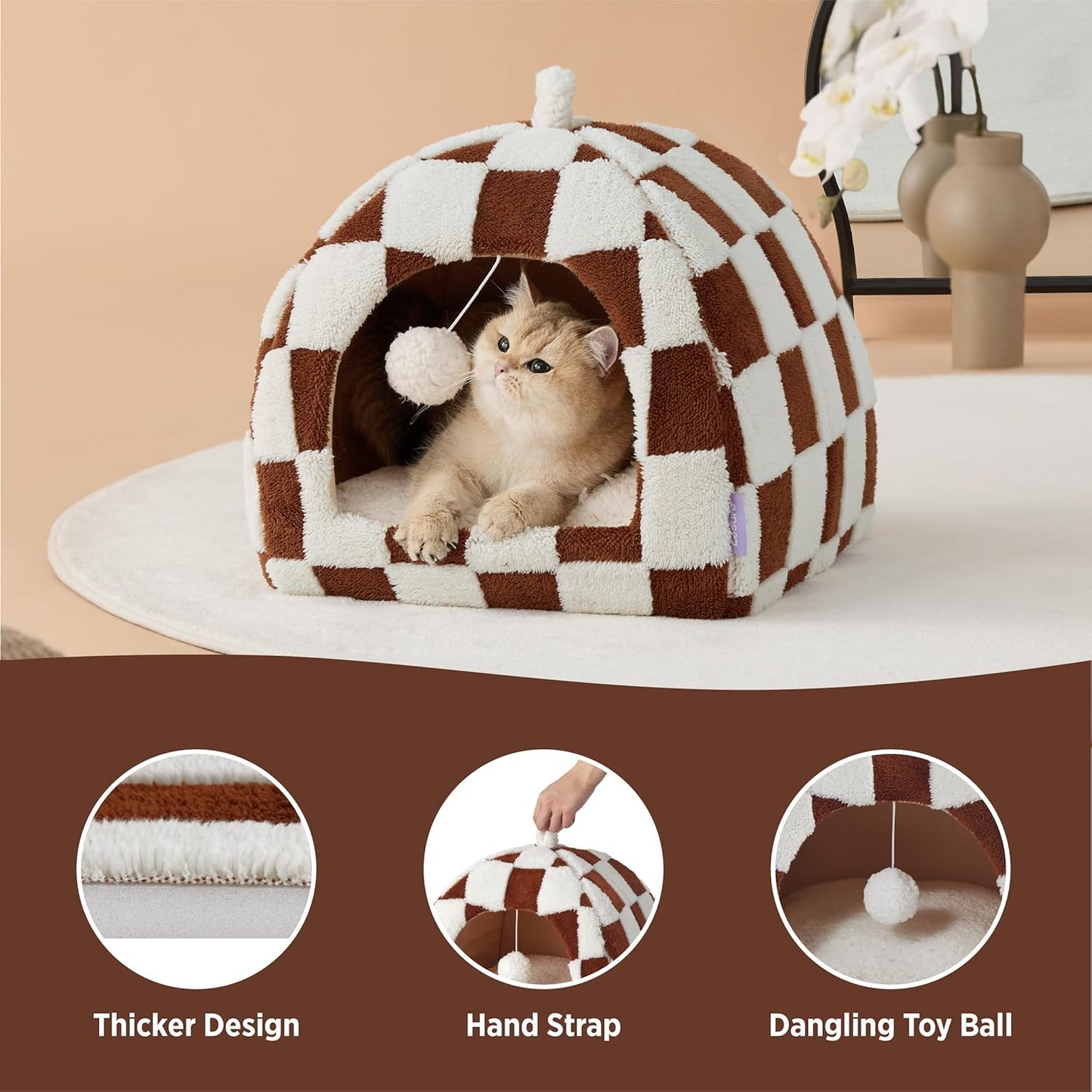 Lesure Cute Cat Beds for Indoor Cats - 2 in 1 Cat Cave Bed for Kittens and Small Pets, House with Removable Washable Cushioned Pillow, Cozy Tent House with Non-Slip Bottom, Brown, 16 inches - Pet Explorer